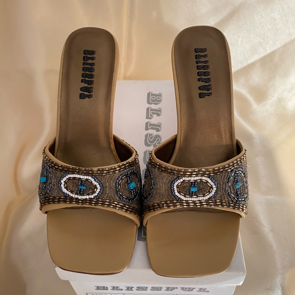 “Blissful” Women's Camel Sandals with Turquoise Bead Accents
